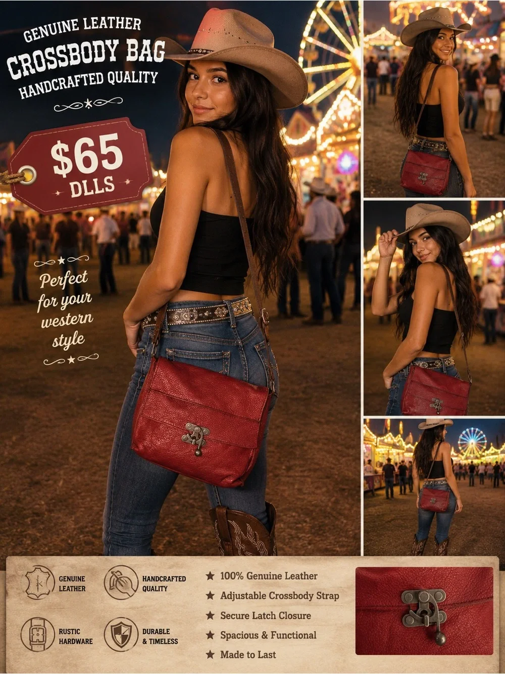 BettyLoo Red Leather Crossbody Bag with Adjustable Wide Strap Real resister